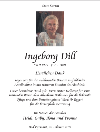 Traueranzeige von Ingeborg Dill von Deister- und Weserzeitung