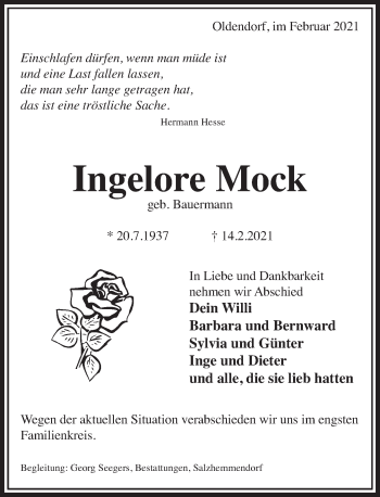 Traueranzeige von Ingelore Mock von Deister- und Weserzeitung