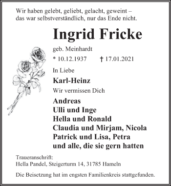 Traueranzeige von Ingrid Fricke von Deister- und Weserzeitung