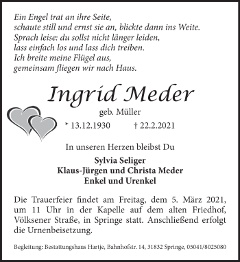 Traueranzeige von Ingrid Meder von Neue Deister-Zeitung