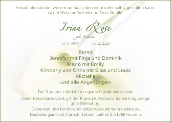 Traueranzeige von Irina Rose von Deister- und Weserzeitung