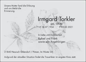 Traueranzeige von Irmgard Torkler von Deister- und Weserzeitung