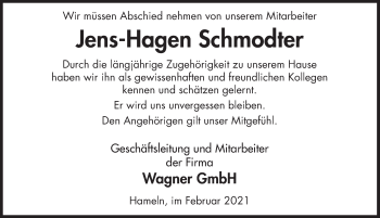 Traueranzeige von Jens-Hagen Schmodter von Deister- und Weserzeitung