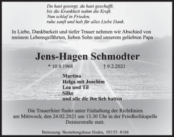 Traueranzeige von Jens-Hagen Schmodter von Deister- und Weserzeitung