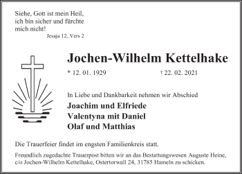 Traueranzeige von Jochen-Wilhelm Kettelhake von Deister- und Weserzeitung