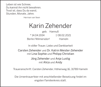 Traueranzeige von Karin Zehender von Deister- und Weserzeitung