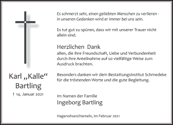 Traueranzeige von Karl Bartling von Deister- und Weserzeitung