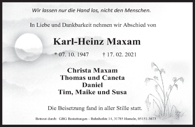  Traueranzeige für Karl-Heinz Maxam vom 27.02.2021 aus Deister- und Weserzeitung