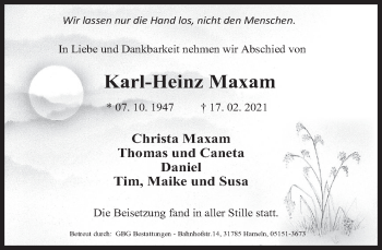 Traueranzeige von Karl-Heinz Maxam von Deister- und Weserzeitung