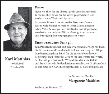 Traueranzeige von Karl Matthias von Deister- und Weserzeitung