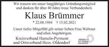 Traueranzeige von Klaus Brümmer von Deister- und Weserzeitung