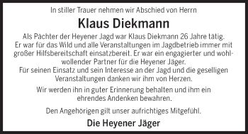 Traueranzeige von Klaus Diekmann von Deister- und Weserzeitung