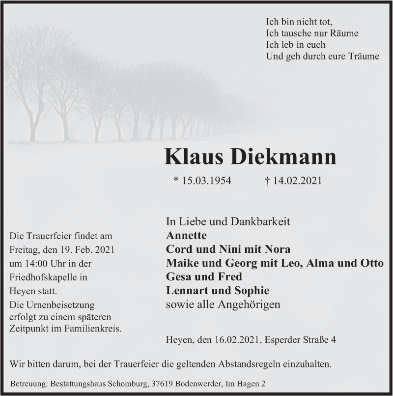  Traueranzeige für Klaus Diekmann vom 16.02.2021 aus Deister- und Weserzeitung