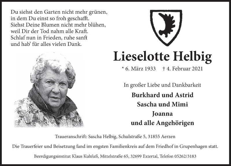  Traueranzeige für Lieselotte Helbig vom 13.02.2021 aus Deister- und Weserzeitung