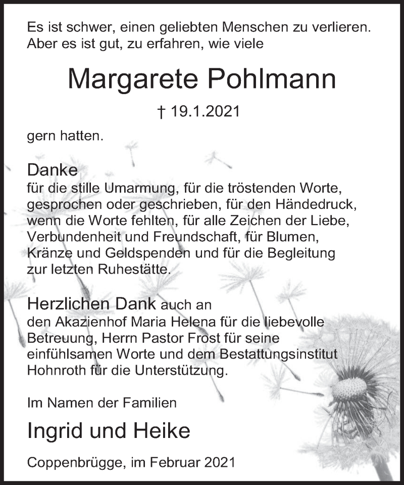  Traueranzeige für Margarete Pohlmann vom 13.02.2021 aus Deister- und Weserzeitung