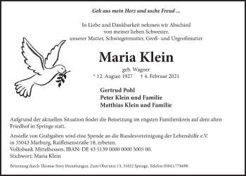 Traueranzeige von Maria Klein von Neue Deister-Zeitung