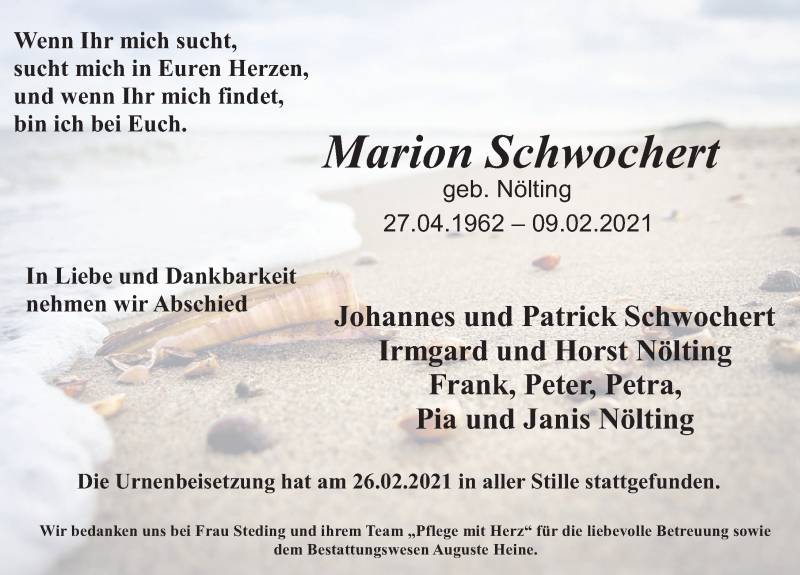  Traueranzeige für Marion Schwochert vom 27.02.2021 aus Deister- und Weserzeitung