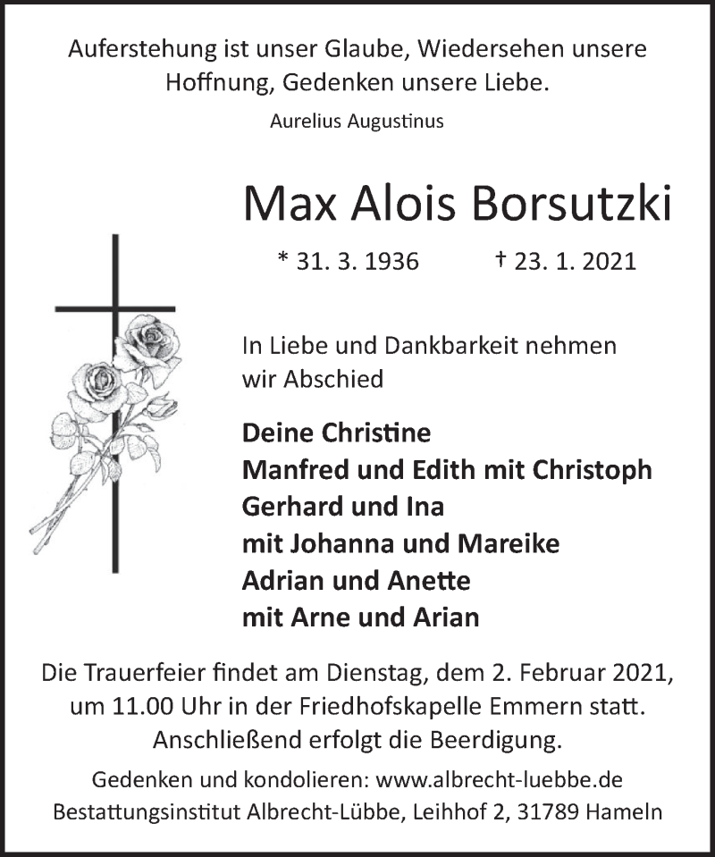  Traueranzeige für Max Alois Borsutzki vom 30.01.2021 aus Deister- und Weserzeitung
