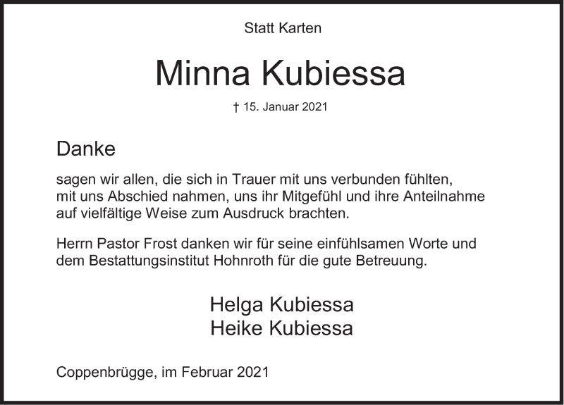  Traueranzeige für Minna Kubiessa vom 27.02.2021 aus Deister- und Weserzeitung