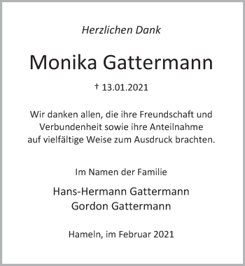 Traueranzeige von Monika Gattermann von Deister- und Weserzeitung