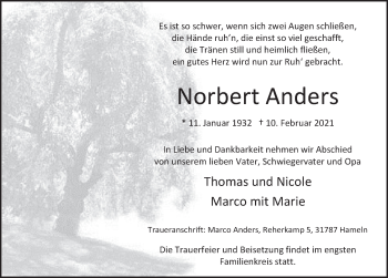 Traueranzeige von Norbert Anders von Deister- und Weserzeitung