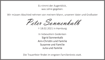 Traueranzeige von Peter Sonnenkalb von Deister- und Weserzeitung