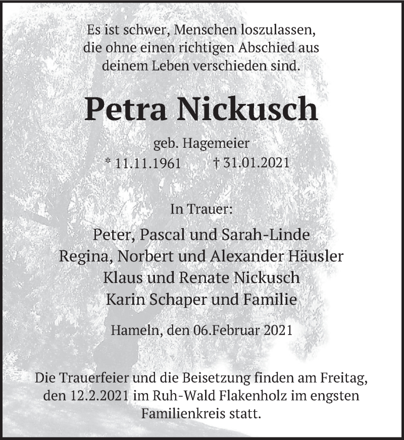  Traueranzeige für Petra Nickusch vom 06.02.2021 aus Deister- und Weserzeitung