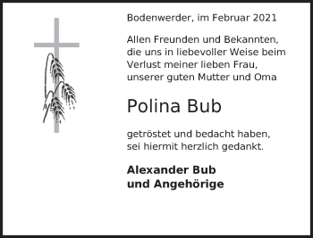 Traueranzeige von Polina Bub von Deister- und Weserzeitung