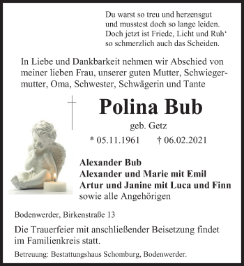 Traueranzeige von Polina Bub von Deister- und Weserzeitung