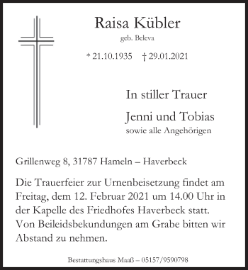 Traueranzeige von Raisa Kübler von Deister- und Weserzeitung