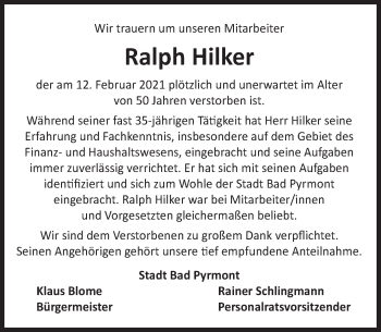 Traueranzeige von Ralph Hilker von Deister- und Weserzeitung