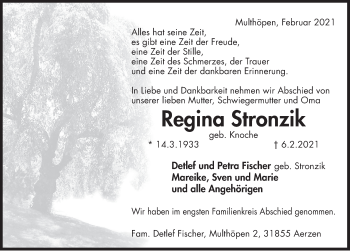 Traueranzeige von Regina Stronzik von Deister- und Weserzeitung
