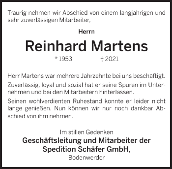 Traueranzeige von Reinhard Martens von Deister- und Weserzeitung