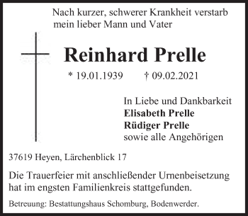Traueranzeige von Reinhard Prelle von Deister- und Weserzeitung
