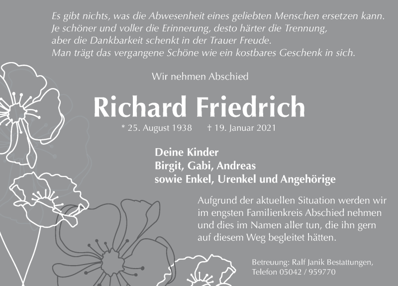  Traueranzeige für Richard Friedrich vom 05.02.2021 aus Neue Deister-Zeitung