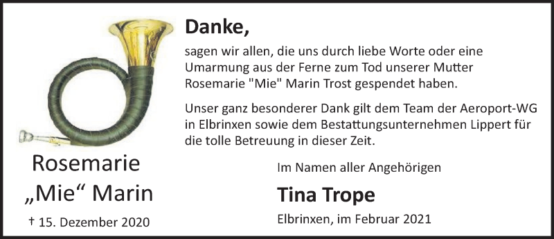  Traueranzeige für Rosemarie Marin vom 06.02.2021 aus Deister- und Weserzeitung