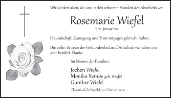 Traueranzeige von Rosemarie Wiefel von Deister- und Weserzeitung