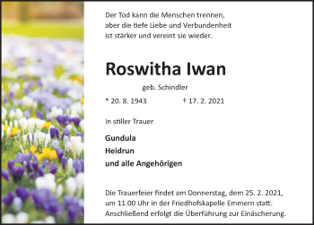 Traueranzeige von Roswitha Iwan von Deister- und Weserzeitung