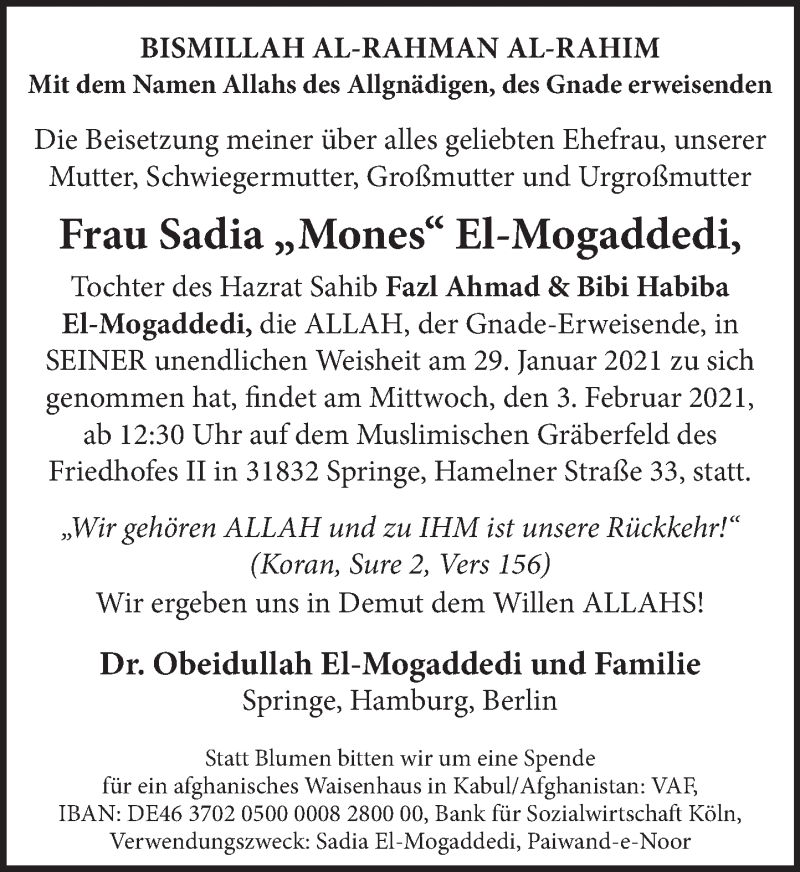  Traueranzeige für Sadia  El-Mogaddedi vom 03.02.2021 aus Neue Deister-Zeitung