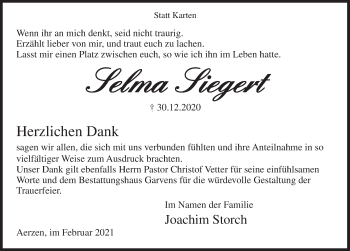 Traueranzeige von Selma Siegert von Deister- und Weserzeitung