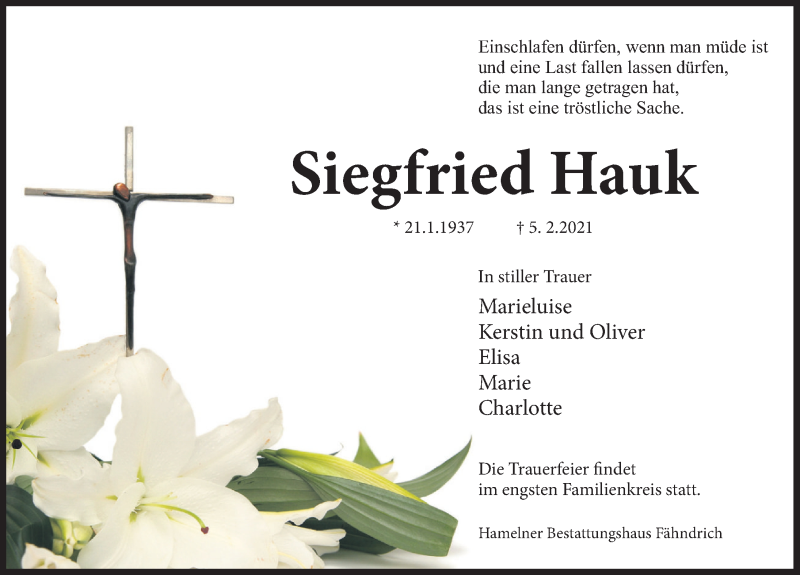  Traueranzeige für Siegfried Hauk vom 13.02.2021 aus Deister- und Weserzeitung