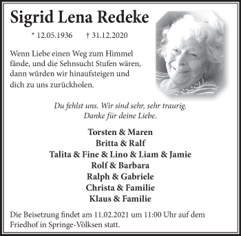 Traueranzeige von Sigrid Redeke von Neue Deister-Zeitung