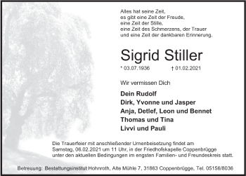 Traueranzeige von Sigrid Stiller von Deister- und Weserzeitung