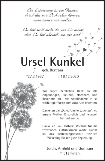 Traueranzeige von Ursel Kunkel von Neue Deister-Zeitung