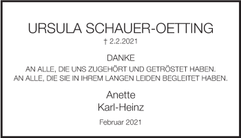 Traueranzeige von Ursula Schauer-Oetting von Deister- und Weserzeitung