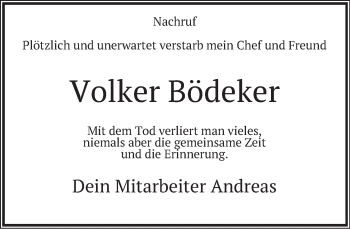 Traueranzeige von Volker Bödeker von Deister- und Weserzeitung