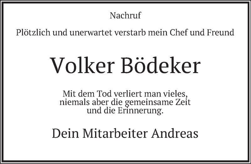  Traueranzeige für Volker Bödeker vom 06.02.2021 aus Deister- und Weserzeitung