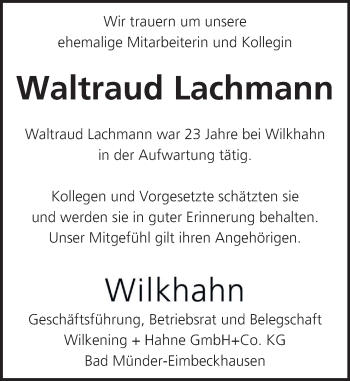 Traueranzeige von Waltraud Lachmann von Neue Deister-Zeitung