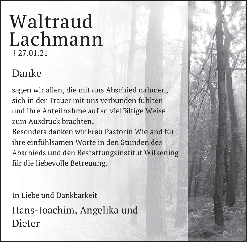  Traueranzeige für Waltraud Lachmann vom 13.02.2021 aus Neue Deister-Zeitung