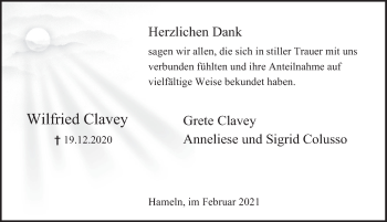 Traueranzeige von Wilfried Clavey von Deister- und Weserzeitung